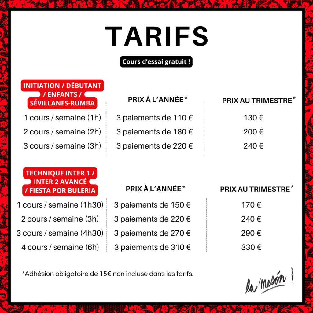 TARIF FLAMENCO 2024-2025 LA MESON COURS DE DANSE